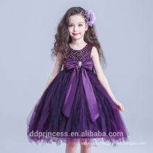 2017 girl party wear western dress elegant dress big bow purple dress